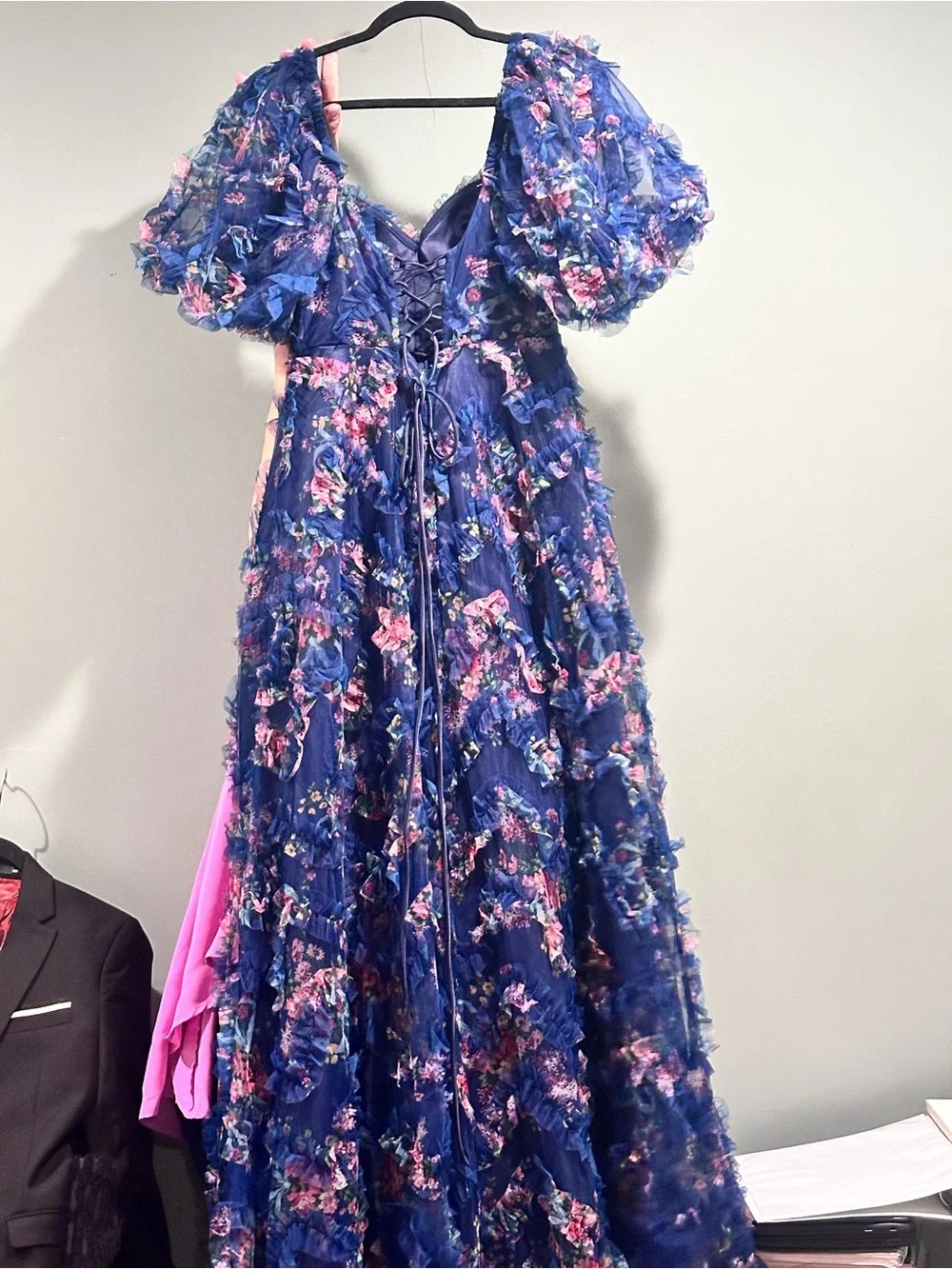 Navy Floral Lace-Up Girls' Formal Dress with Puff Sleeves